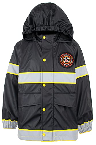Fringoo Impermeable 100% impermeable con capucha y parches reflectantes, chaqueta de dinosaurio para niños de 2 a 8 años, Bomberos, 7-8 Years Cover