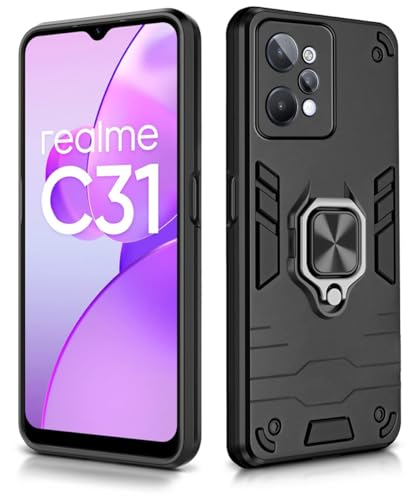 Image of WOW IMAGINE Shock Proof Back Case Mobile Cover for Realme C31 (Armor | Hybrid PC + TPU | Full Protection with Ring Holder Kickstand | Carbon Black)