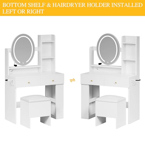 DWVO Vanity Desk with Mirror and Lights, Makeup Vanity Table Set with Power Outlets and Chair, 3 Lighting Colors, Makeup Desk with 2 Drawer and Lots Storage Shelves, White Dressing Table for Bedroom