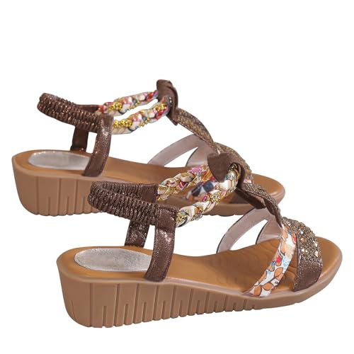 HOOUDO Brown Sandals for Women Wide Fit Bohemian Wedge Sandal Lightweight Summer Elastic Ankle Strap Beading Walking Shoes Comfortable Open Toe Slingback Orthopedic SandalsRunning Shoes for Women