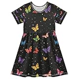 ISAOA Vestido de verano para niñas pequeñas, vestido de verano de manga corta, vestido de verano para niños pequeños, 2-8T, morado y amarillo mariposa, multicolor, 2 años