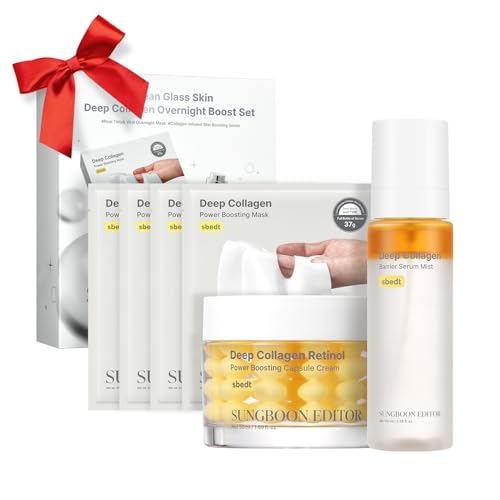 SUNGBOON EDITOR Deep Collagen Rejuvenating Set: Face Mask (4ea), Serum Mist & Retinol Capsule Cream, Collagen, Peptides & Retinol Skincare Bundle, Hydrating & Firm-Looking Korean Skincare Gifts