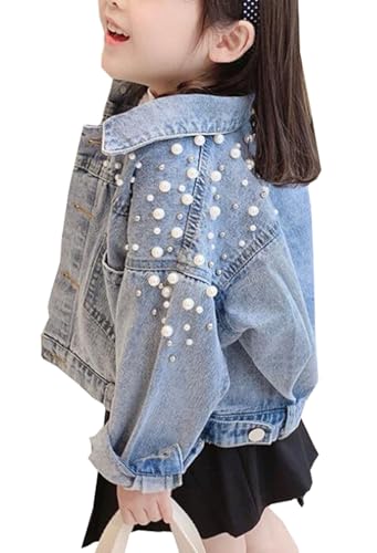 Girls Cute Lapel Long Sleeve Pearls Denim Jackets Kids Button Down Jean Jakcets Coat2