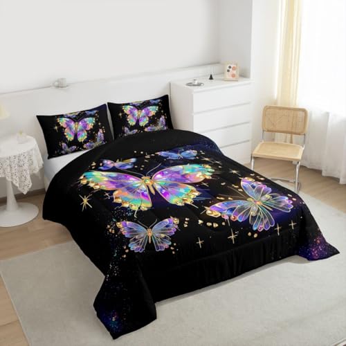Image of Erosebridal Flying Butterflies King Size Comforter Set for Kids Teens Adults,Starry Sky Galaxy Bedding Sets,Colorful Rainbow Butterflies Duvet Insert,Wildlife Quilt Bedroom Decor
