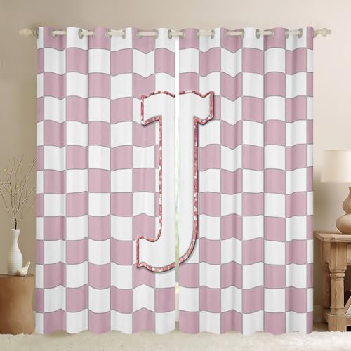 Image of Erosebridal Pink Initial J Window Curtains 42 inch Wx63 L Kawaii Plaid Checkered Blackout Curtains for Kids Girls Bedroom,Cute Personalized Monogram Window Treatments Grids Gingham Drapes Decor 2 Panels