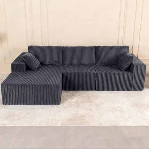 Image of L Shaped Modular Boneless Sectional Couches for Living Room, Wide Armrest, Deep Seat, Memory Foam, Assembly Free, Modern Comfy Corduroy Fluffy Cloud Sofa with Left Chaise, Grey