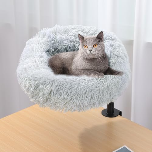 BALAPET Soft Faux Fur Desk Cat Bed with Steel Frame, Elevated Height-Adjustable Cat Hammock Attached to Desk?Cozy Plush Pet Bed for Home Office Living Room Study Supports Up to 50lbs