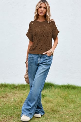 Image of Cakulo Womens Summer Crochet Boho Crop Tops Short Sleeve Lightweight Knit Sweater 2026 Beach Vacation Cruise Resort Wear