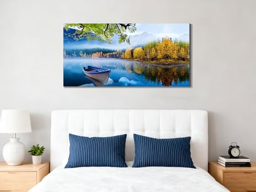 Image of Arjun Lake Canvas Wall Art Blue Mountain Sky Nature Landscape Picture Boat Artwork Modern Scenic Painting Framed Large for Living Room Bedroom Bathroom Dinning Room Home Office Wall Decor 40 inchx20 inch