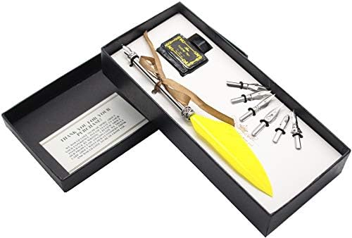 Calligraphy Feather Dip Quill Pen Set with Black Ink and 6 Nibs in Gift Box by Kunida Designs (Yellow, 6 Nibs)