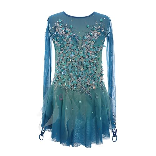 Long Sleeves Figure Skating Dress for Girls, Women’s High Elasticity Sparkly Ice Skating Dress for Competition(XX-Large) Blue