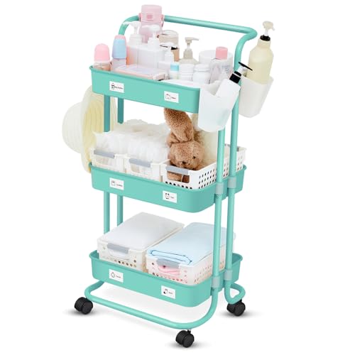 Image of Tanlade Blue Baby Diaper Cart Metal 3 Tiered Movable Rolling Baby Boy Caddy Organizer on Handle with 5 Hanging Cups 2 Mesh Baskets Newborn Nursery Cart Essentials for Changing Tables, Easy to Assemble