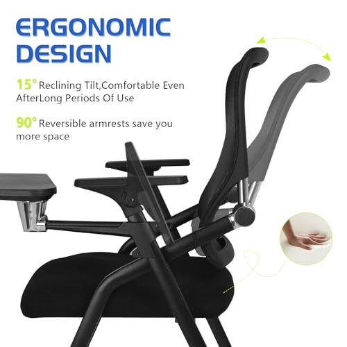 Image of Updated Conference Room Chairs with Tablet Arm, Folding Office Desk Chair with Lumbar Support and Sliding Armrest with Casters, Stackable Office Guest Chairs & Reception Chairs, 1 Pack Black