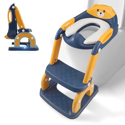 Toilettensitz Kinder mit Treppe, 2-in-1 Toilettentrainer Kinder mit Gepolsterter, Wc sitz Kinder Kleinkinder, Höhenverstellbar & Faltbar Töpfchen, Rutschfest für Jungen und Mädchen