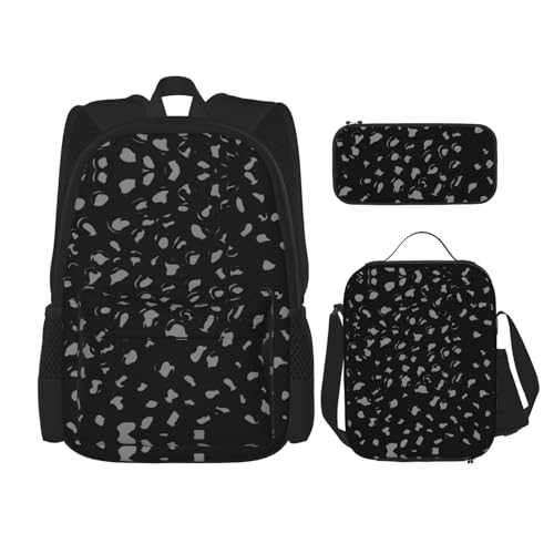 Sac à dos d'école léopard noir et blanc avec boîte à déjeuner et trousse