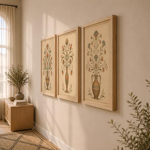 Image of NoWorries Floral Vase Wall Art Set of 3 Framed Prints | Indian Traditional Botanical Painting, Vintage Rajasthani Flower Pot Poster, Ethnic Royal Wall Decor for Living Room Bedroom Home (Synthetic Engineered Wooden Frame) (MIN -7, 25x37 inches)