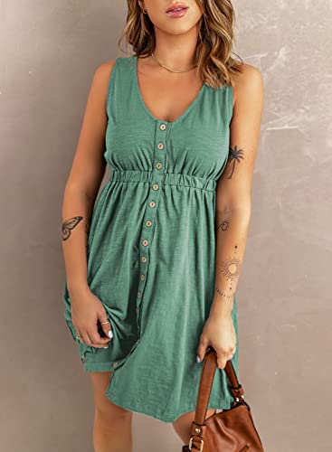 Acelitt Womens Ladies Casual Summer 2023 Fashion V Neck Sleeveless Button Down Dresses Elastic Waist Pleated Mini A-Line Swing Dress Green Medium #TOP3