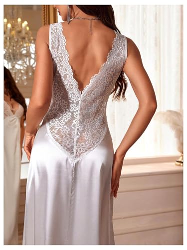 Image of WDIRARA Women's Satin Sleepwear Nightgown | Lace, Backless, Deep V Neck, Sleeveless, Long