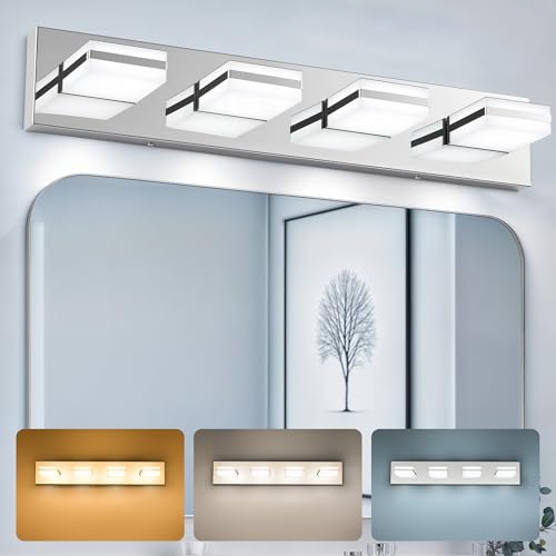 Image of VONLUCE Bathroom Vanity Light Fixture, 4-Light Modern LED Vanity Light, 3CCT Adjustable Bathroom Lights with Memory Function Rotatable Shades, 26 inch Wall Lighting Fixture Over Mirror, Chrome