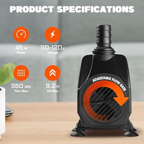 Image of Simple Deluxe 9.2ft High Lift 550GPH 45W Water Table Pump (2082L /H) with 3 Nozzles, Perfect for Fish Tank, Hydroponics, Pond, Aquarium, Black