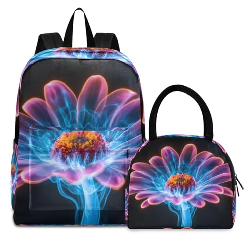 Backpack Lunch Box Set Large Capacity Travel Backpacks and Insulated Lunch Bag for Commute Hiking Picnic Surreal Flower Print