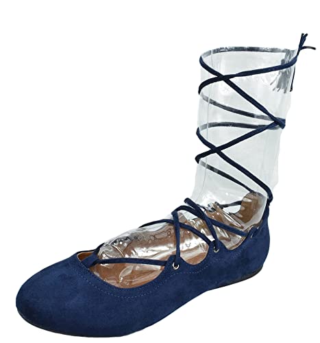 Soda Women's Shoes Ballet Flat Round Toe Lace Up Ankle Tie Gladiator Style Tie Leg Design Noble-S Navy Blue Nubuck Suede 7