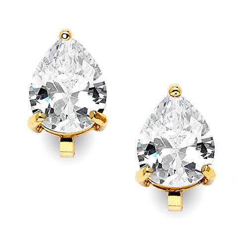Mariell Gold Cubic Zirconia Clip-On Earrings, Pear Shape CZ Crystal, 2 Carat Imitation Diamond Earring