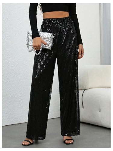 WDIRARA Women's Sequin Sparkle Pants Elastic Waist Wide Leg Party Club Trousers4