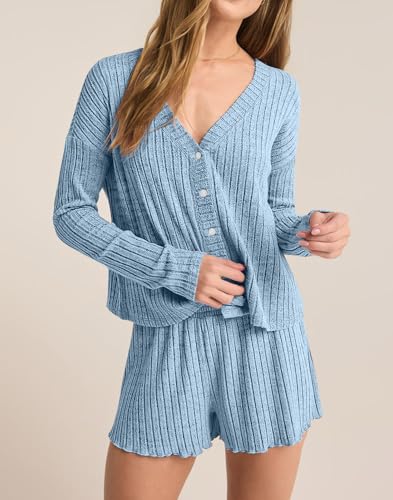 Dressmine Womens Long Sleeve Pajama Sets Button Up Pajamas Sleeping Shorts 2 Piece Lounge Set Knit Sexy Sleepwear