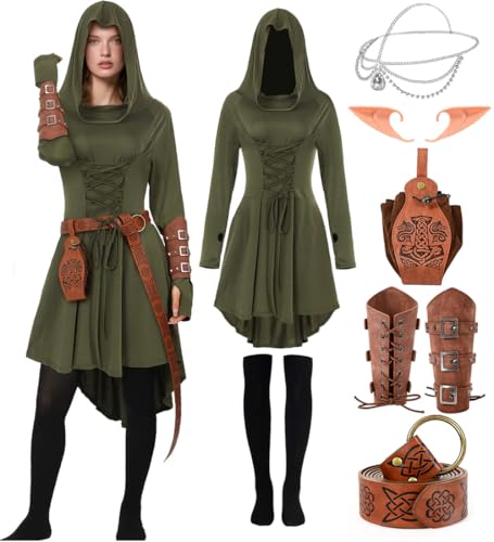 7 PCS Renaissance Costume Women Medieval Hooded Robe Lace Up Dress Renaissance Belt Leather Arm Pouch Accessory
