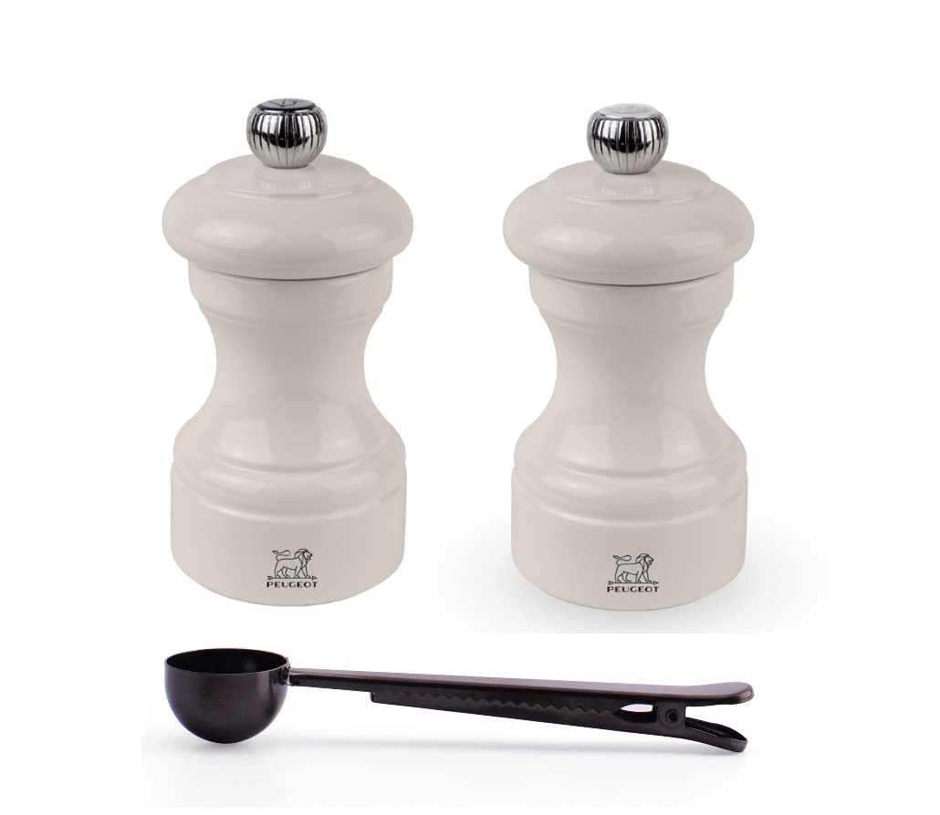 Peugeot Bistro Manual Salt & Pepper Mill Gift Set, Gloss Painted Wood, 10 cm - 4?- With Stainless Steel Spice Scoop/Bag Clip (Ivory Lacquer)