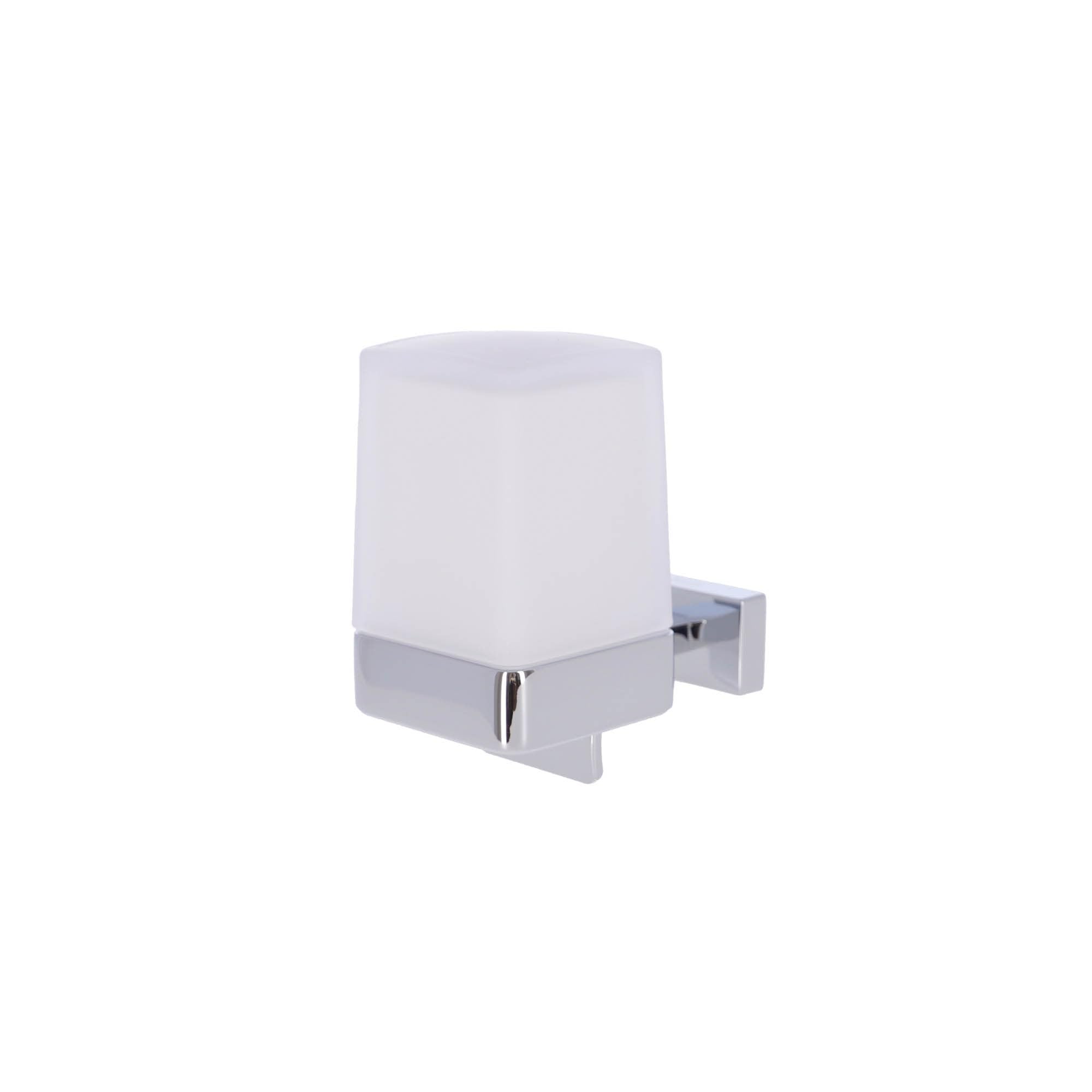 INDA | Jabonera de pared con palanca (6 x 10,7 x 10,6 cm) | Serie Lea, con recipiente de cristal satinado, de latón, fácil de instalar, anticorrosión, diseño esencial - cromado