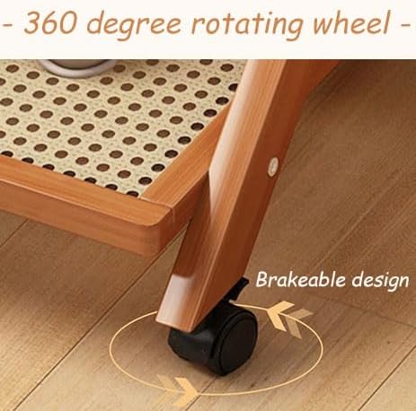 Multi-Layer Wood Storage, Mobile Ladder Shelf with Rattan Countertop,Coffee cart,Foldable Sofa Side Table with Wheels,Living Room Bedroom Kitchen,Yellow,2Layer