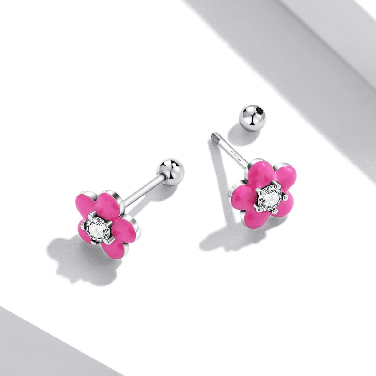 YCTTKDD Sterlingsilber-Schmuck, 925er-Sterlingsilber, rosafarbene Blumen-Ohrstecker, blühende Blumen mit brillanten CZ-Ohrsteckern für Frauen, Schmuckgeschenk
