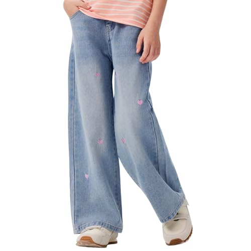 MIANZHI Girls Jeans Embroidery High Elastic Waist Denim Pants with Pockets Y2K Trendy Tween Streetwear 5-14 Years Blue