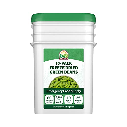 Image of Valley Food Storage Freeze Dried Green Beans | 10-Bag Bucket, 28.2 oz | Premium Emergency Food Supply, 25 Year Shelf Life | Non-GMO Prepper Food for Camping, Cooking & Long-Term Storage, Packaged in USA