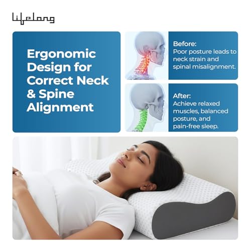 Image of Lifelong Memory Foam Cervical Pillow for Neck Support | Pack of 2 - Bed Pillow | Orthopedic Contour Foam Pillow for Neck Pain with Breathable Cover | Fits Side & Back Sleepers | Pain Relief for Adults