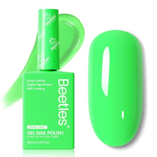 Image of Beetles Green Gel Nail Polish, 15ML Full Size HEMA-Free Aurora Green Gel Polish, Soak Off UV Colorful Bottle Neon Nails Art Manicure Day Nails