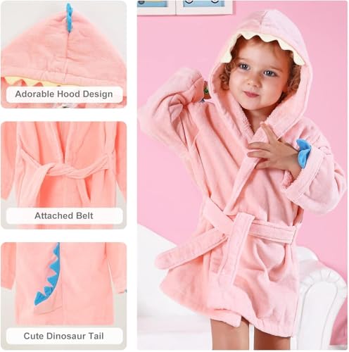 Image of MICHLEY Girls Boys Robe Cotton Towel Baby Dinosaur Style Hooded Bathrobe | Animal toddler Sleep, No Fluorescent Agent, 0-8T, 100% Cotton, Machine Wash