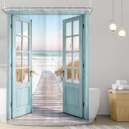 Image of Riyidecor Blue Beach Barn Door Shower Curtain 48Wx72H Inch Narrow Summer Retro Teal Wood Hawaii Sea Path Rustic Ocean Coastal Seaside Country Bathroom Decor Fabric Polyester Waterproof 8 Pack Hooks