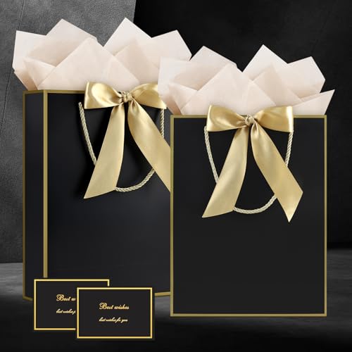 Image of JMANNI Gift Bag, 2PCS Gift Bags Large with Ribbon and 2 Greeting Cards 4 Tissue Paper, Portable Paper Gift Bag with Handles, Birthday Gift Bags,Present Bags for Wedding Party Mothers Day(Black-Gold)
