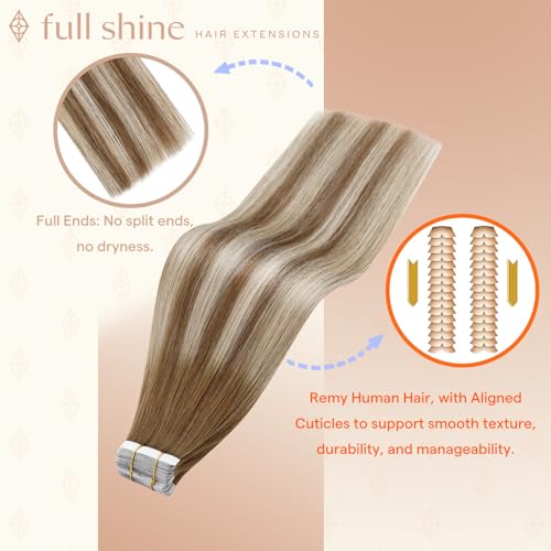 Image of Full Shine Hair Extensions Tape in, Brown Caramel Blonde Ombre 14 Inch | 50g 20PCS, Seamless Skin Weft Tape in Extensions Human Hair, Invisible Straight Finish Soft Texture Smooth Daily Wear