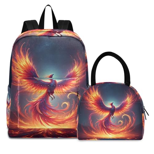 School Bag Set Picnic Backpack Waterproof, Girls Backpack with Lunchbox, Fire Phoenix Stunning Birds