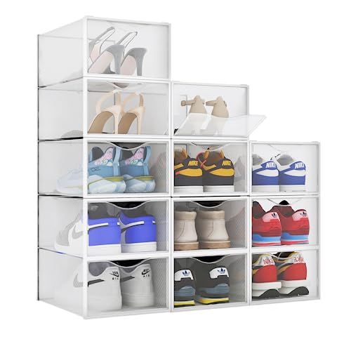 BINO-12-Pack-Plastic-Stackable-Shoe-Box-Set-Clear-Foldable-Shoe-Storage-Container-Sneaker-Bins-Shoe-Rack-Box-Transparent-Portable-Stacking-Shoe-Boxes-Front-Open BINO 12-Pack Plastic Stackable Shoe Box Set - Clear | Foldable Shoe Storage Container | Sneaker Bins | Shoe Rack Box | Transparent | Portable Stacking Shoe Boxes Front Open - Image 1