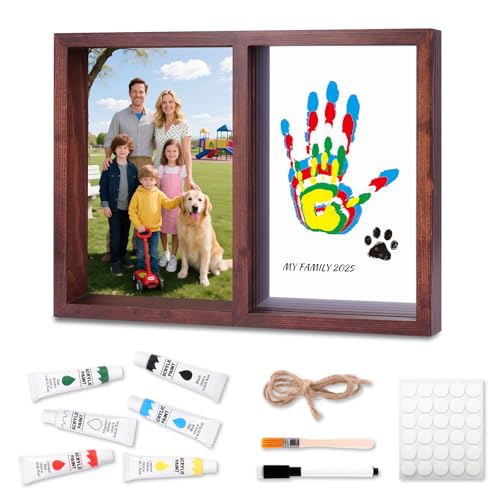 Family Handprint Kit, DIY Baby Hand and Footprint Handmade Keepsake Wooden Frame with 6 Non-Toxic Baby-Safe Paint, Family Gifts Ideas Gift for New Parents, Grandparents, Father's Day, Mother's Day
