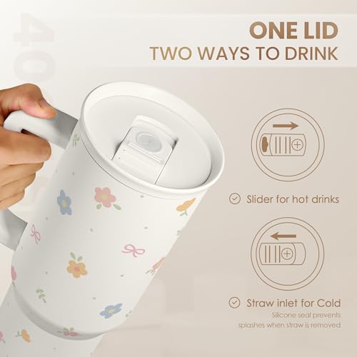 Image of Floral 40oz Slider Tumbler with Handle and Straw - Insulated Stainless Steel Travel Coffee Mug for Women Girls, Gift for Birthday Christmas