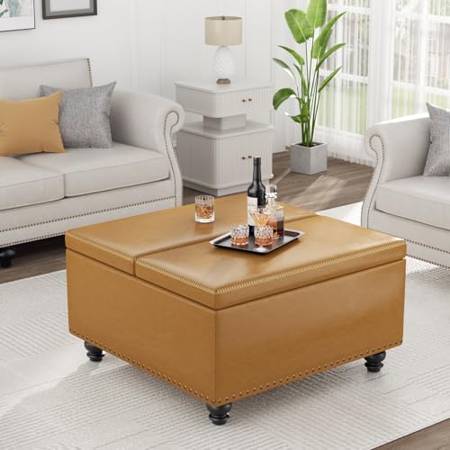 AKMAKM Camel 31.5" Square Lift Top Ottoman with Storage | Faux Leather Coffee Table, Footstool with Padded Cushion, Solid Wood Legs, 300LBS