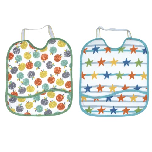 Ti TIN | Pack 2 Baberos de Punto de Algodon Impermeables con Bolsillo | Baberos con Cierre de Goma para Bebés de 6 a 18 meses | Babero para Comidas | 23x28 cm
