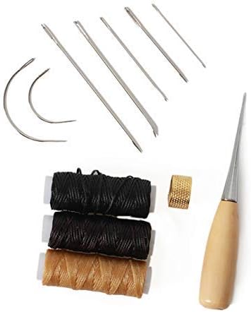 12 pcs Leather Craft Tool，Includes 5 root Leather Hand Sewing Needle，2 Curved Needle，3 Roll Leather Waxed Thread Cord（Black、Beige、Dark brown），1 Drilling awl and 1 Thimble，meet your leather repair need