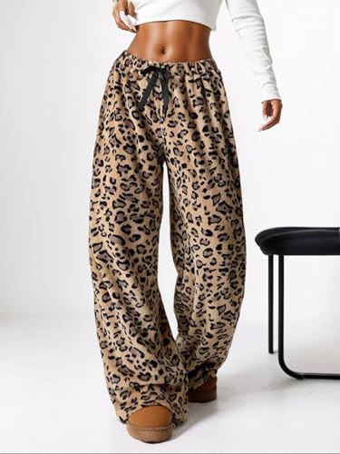 Image of VCM Leopard Print Pants Y2k High Waisted Baggy Trousers Drawstring Fluffy Cheetah Fuzzy Pajama Sleepwear
